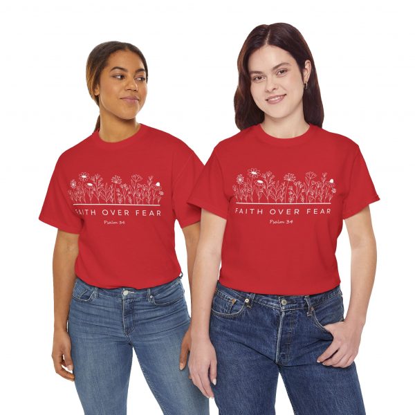 "Faith Over Fear" (Psalm 34) Floral Scripture Christian Faith T-Shirt (Heavy Cotton)