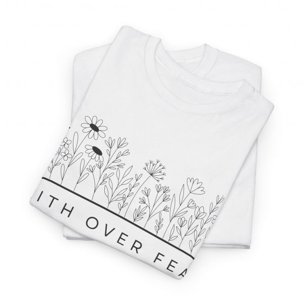 "Faith Over Fear" (Psalm 34) Floral Scripture Christian Faith T-Shirt (White) (Heavy Cotton)