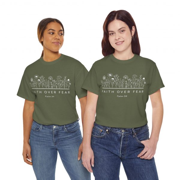 "Faith Over Fear" (Psalm 34) Floral Scripture Christian Faith T-Shirt (Heavy Cotton)