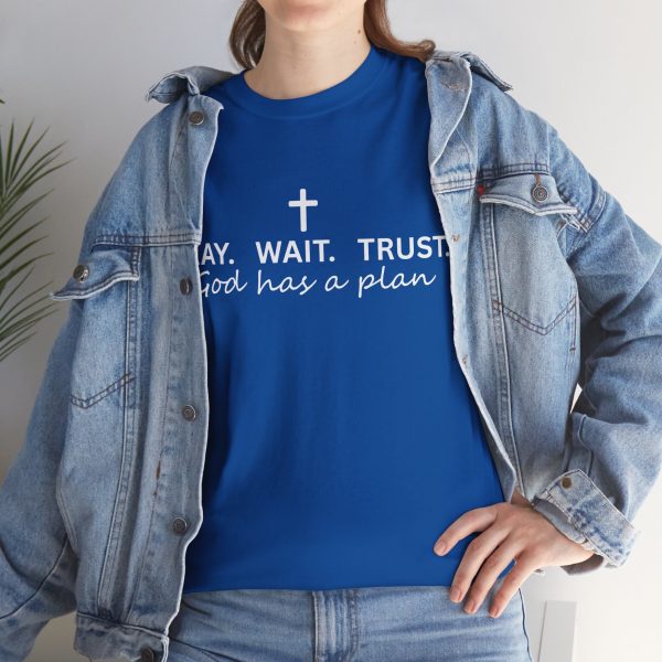 3131123807487775082_2048.jpeg "Pray Wait Trust God Has a Plan" Christian Faith T-Shirt (Heavy Cotton)