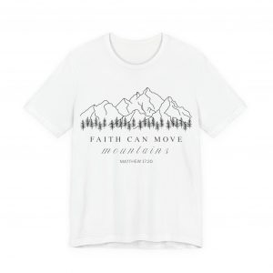 3605109430514087728_2048-1.jpeg "Faith Can Move Mountains" (Matthew 17:20) Christian Mountain Graphic T-Shirt (White) (Jersey Thin)